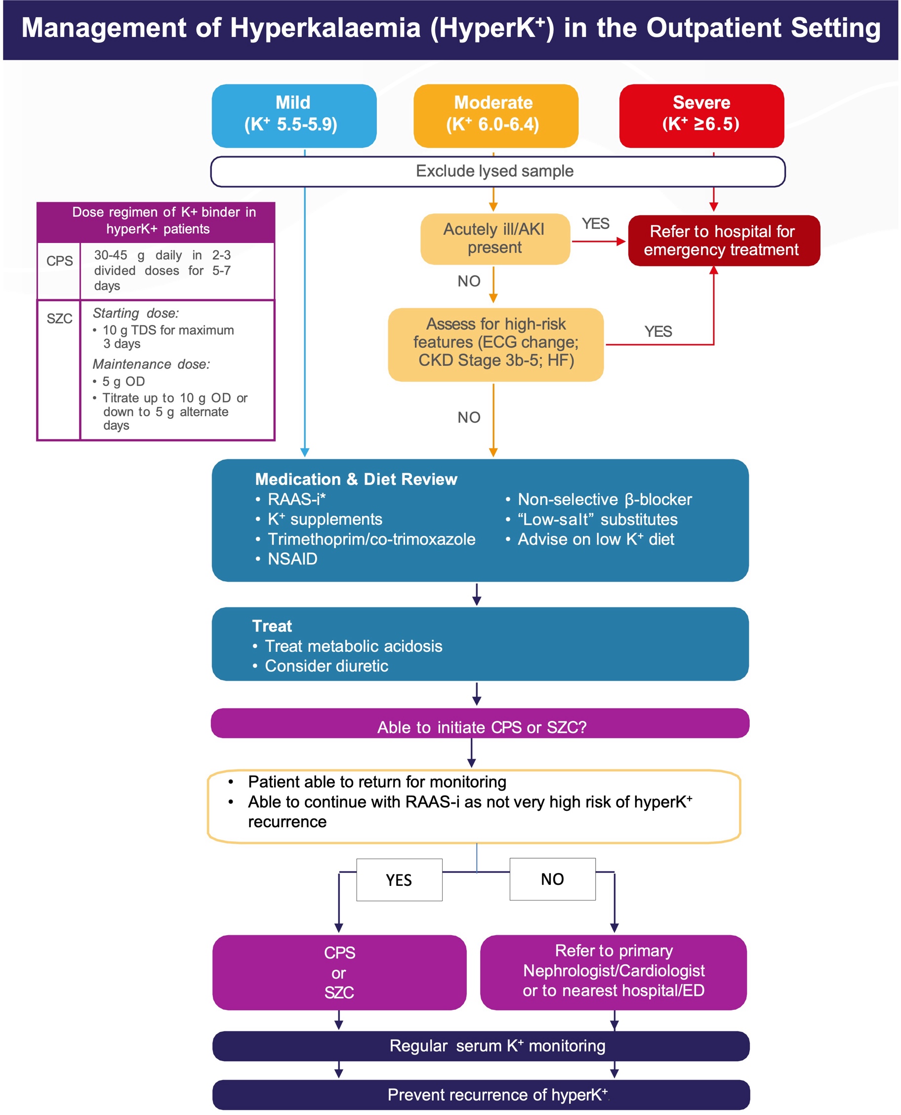 All K+ levels are in mmol/L. *RAAS-i = ACE-i/ARB, ARNI and MRA. [ACE-i: angiotensin-converting enzyme inhibitor; AKI: acute kidney injury; ARB: angiotensin II receptor blocker; ARNI: angiotensin receptor-neprilysin inhibitor; CKD: chronic kidney disease; CPS: calcium polystyrene sulfonate; ECG: electrocardiogram; ED: emergency department; HF: heart failure; K+: potassium; MRA: mineralocorticoid receptor antagonist; NSAID: non-steroidal anti-inflammatory drug; PO: orally; TDS: three times daily; RAAS-i: reni