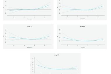 Cumulative overall temperature effects on all-cause mortality at different lag periods for Kedah states. The DLNM cross basis functions with 3 df for the temperature and 4 df for the lag dimension. The reference was at the minimum mortality temperature (MMT). Blue lines were the cumulative RR, and the dotted lines are 95% confidence interval. (a) Lag 0-3 (a) and (b) 0-7: J-shaped pattern; (c) lag 0-14: U-shaped pattern; (d) lag 0-21 and (e) 0-28: L-shaped pattern